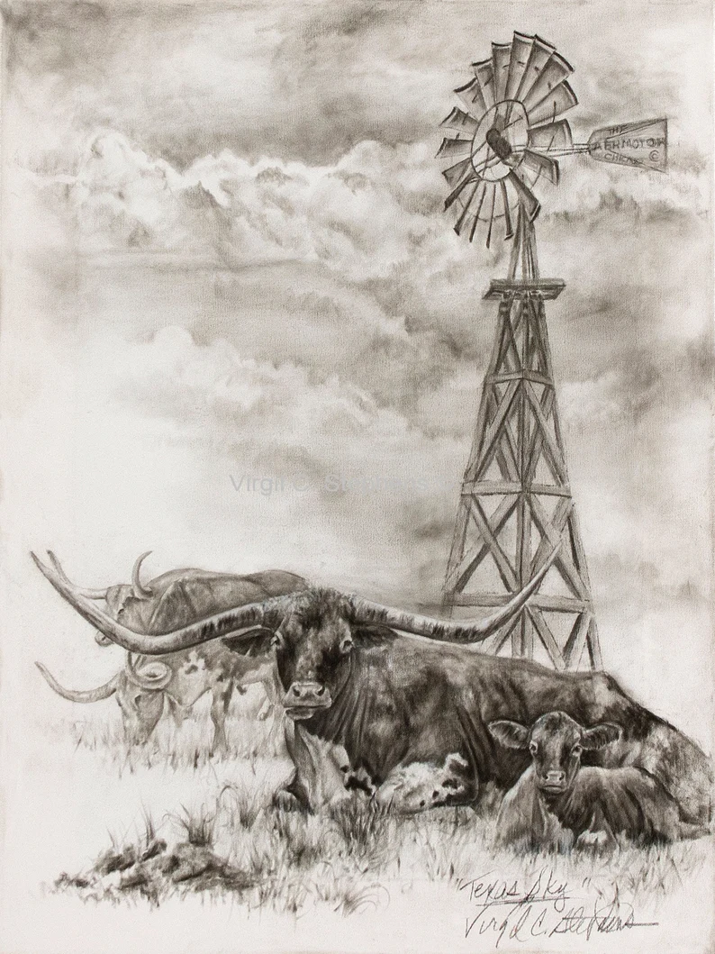 Longhorn and windmill western artwork